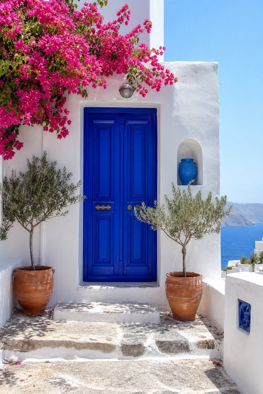 Whitewashed Greek house facade with glossy cobalt blue front door, olive trees and bougainvillea — greek decor