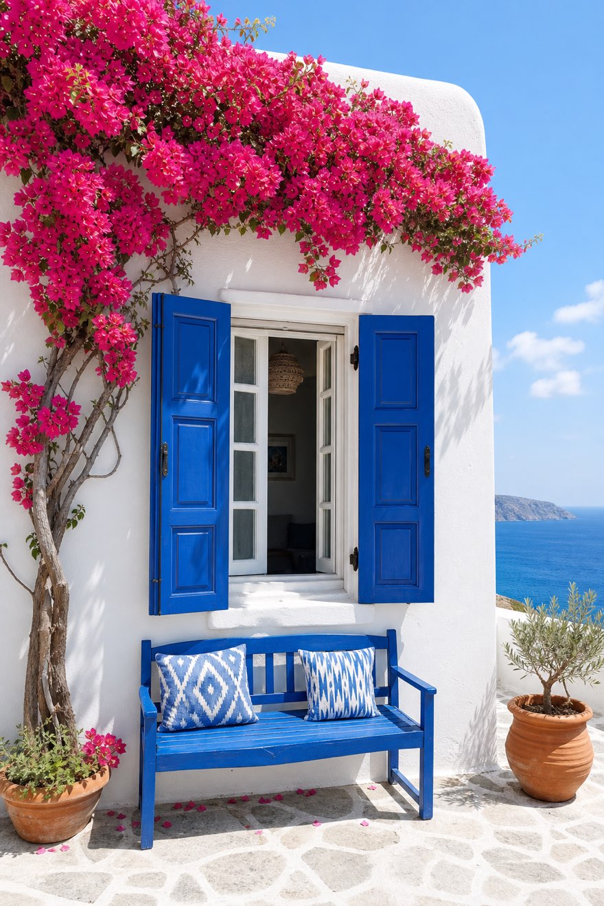 Open cobalt blue shutters and a blue bench with patterned cushions against white plaster — greek home decor idea