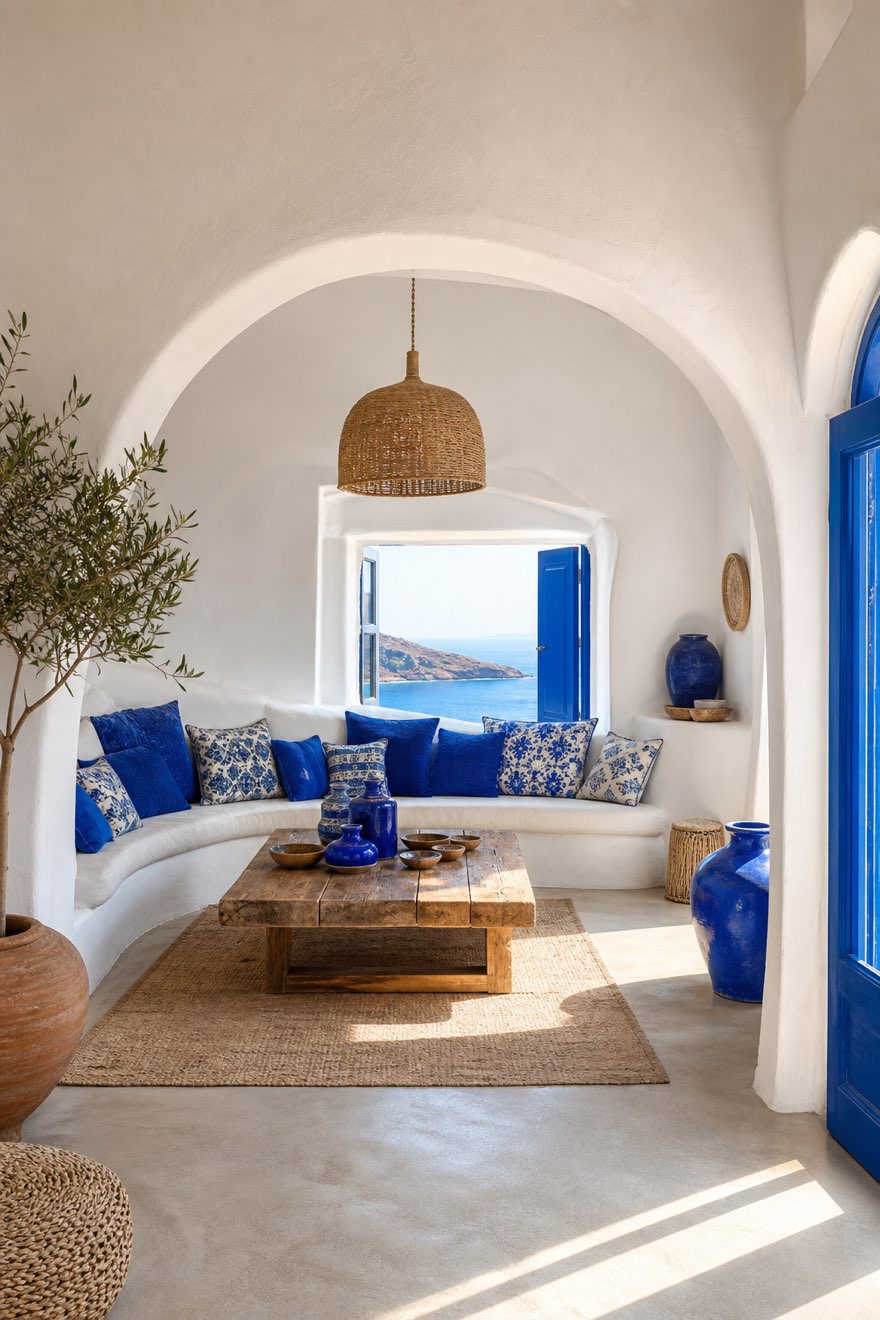 Greek decor living room: built-in white sofa in an arched alcove piled with cobalt and blue-and-white cushions