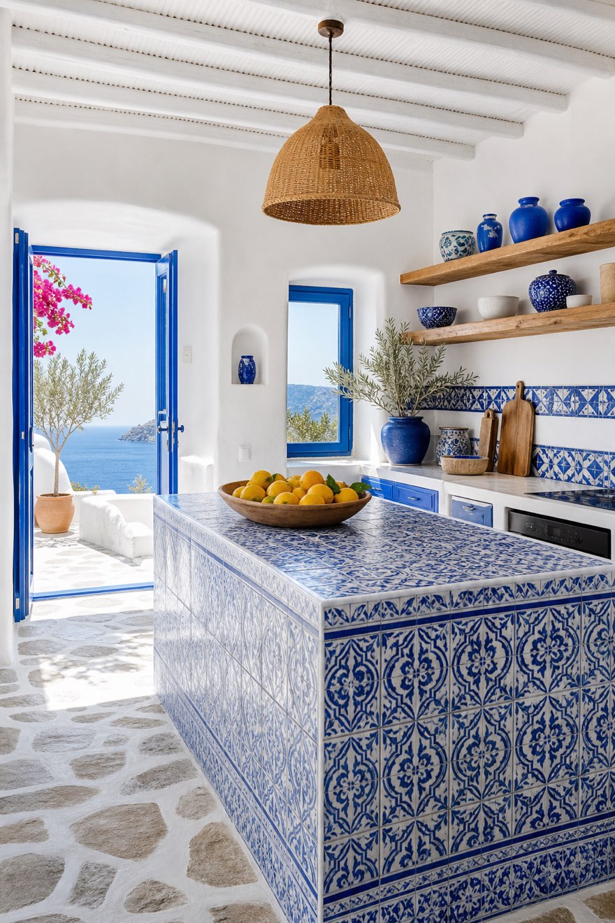 Greek island kitchen with the island wrapped in blue-and-white patterned tile and cobalt pottery on open shelves