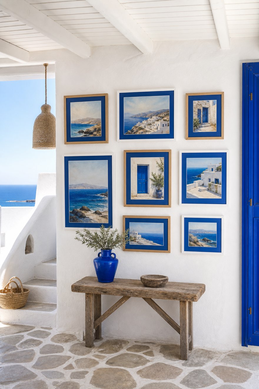 Gallery wall of painterly Aegean prints with cobalt blue mats above a rustic wooden console