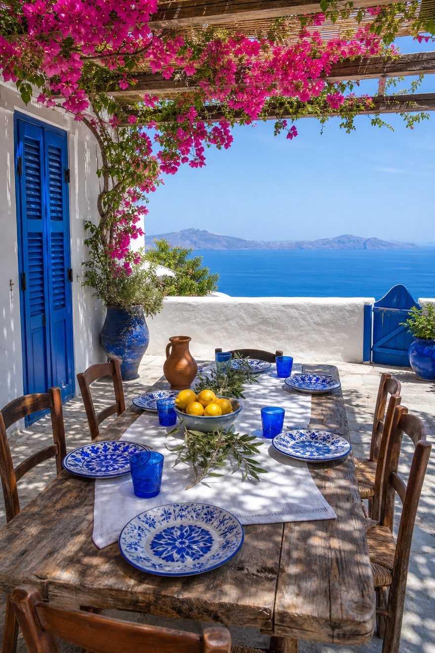 Greek table setting with blue-and-white plates, cobalt glasses, lemons and olive sprigs by the sea