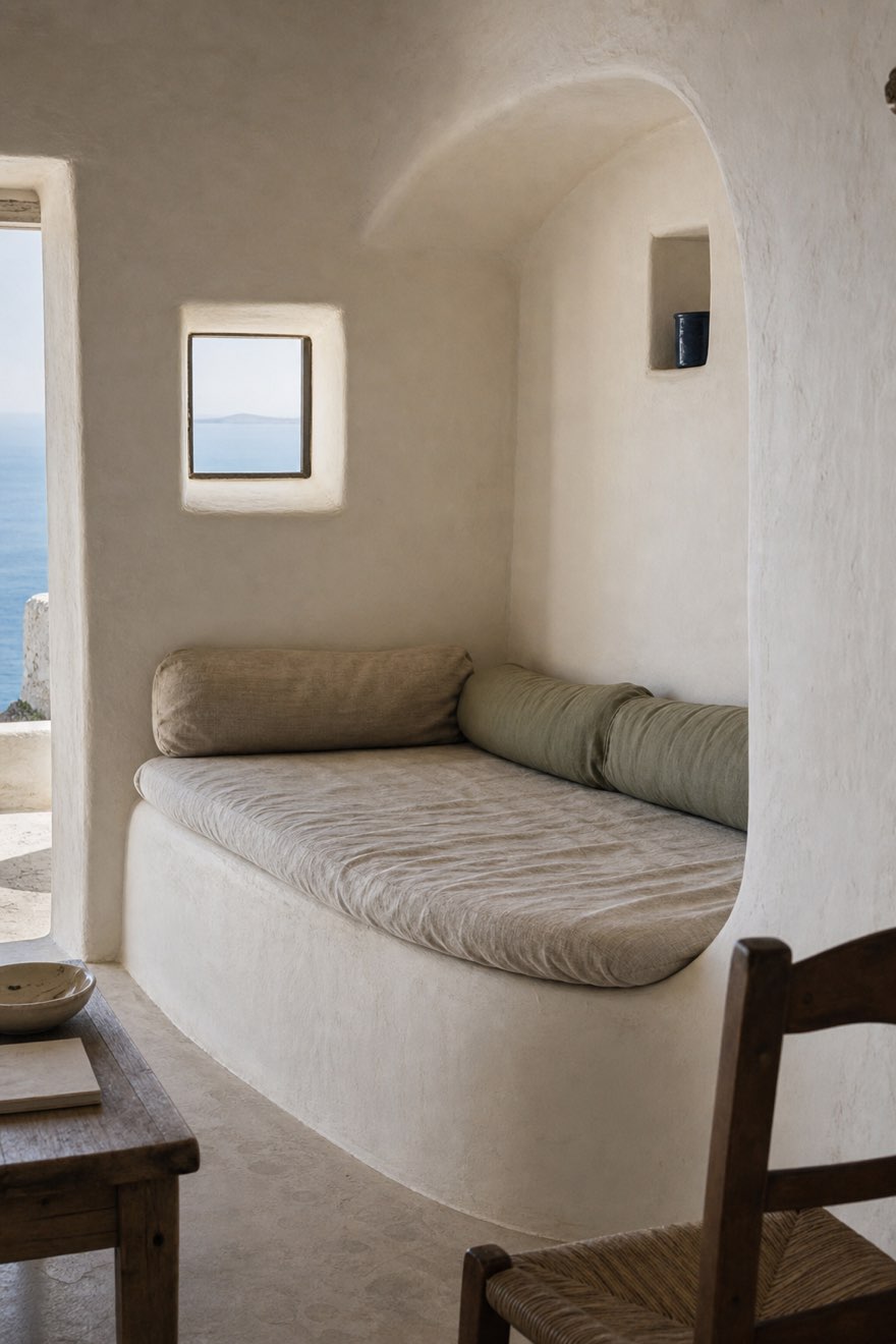 Curved built-in plaster banquette with rumpled linen cushions in an arched niche overlooking the Aegean sea
