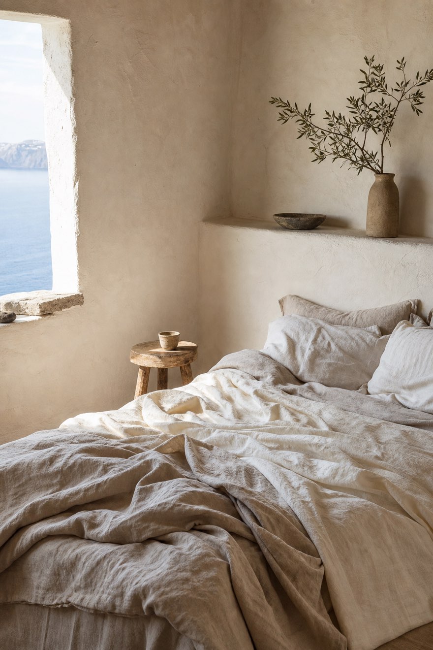 Bed layered with crumpled off-white linen beside a deep-set sea-view window — Santorini style bedroom idea