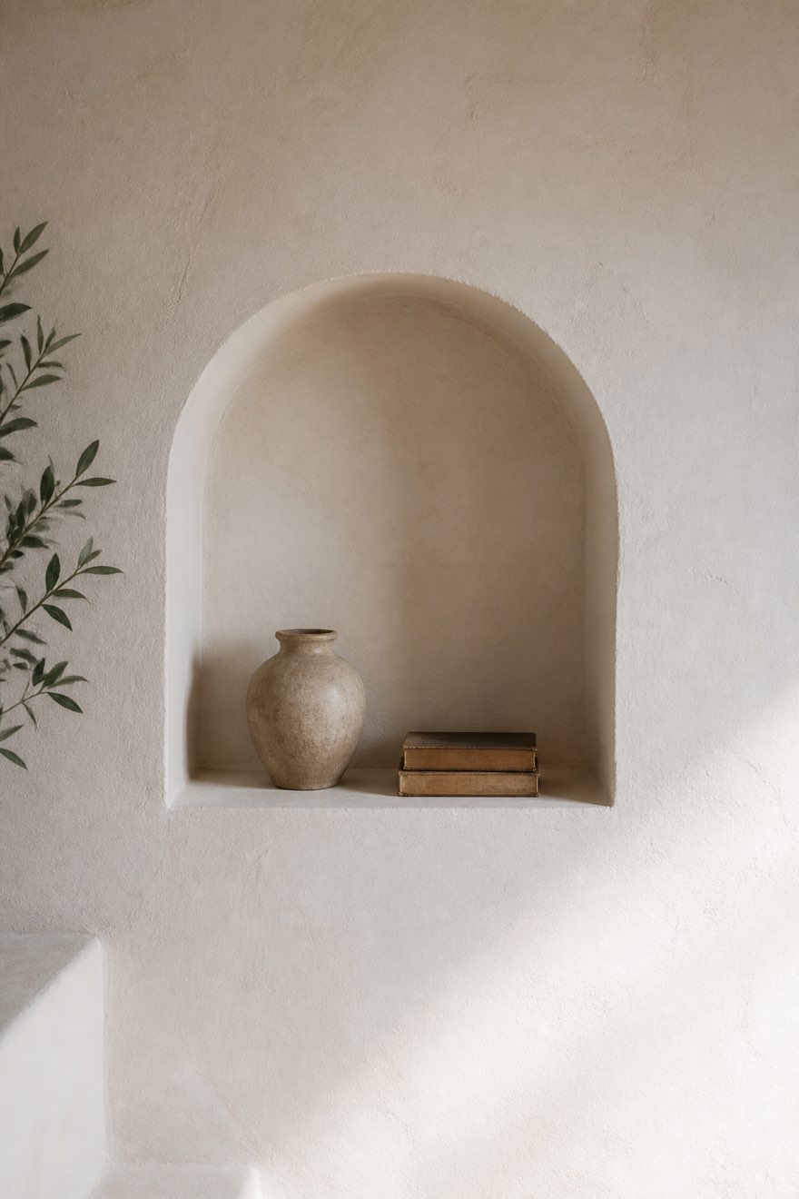 Arched plaster niche holding a stoneware vessel and two worn books — minimalist mediterranean decor