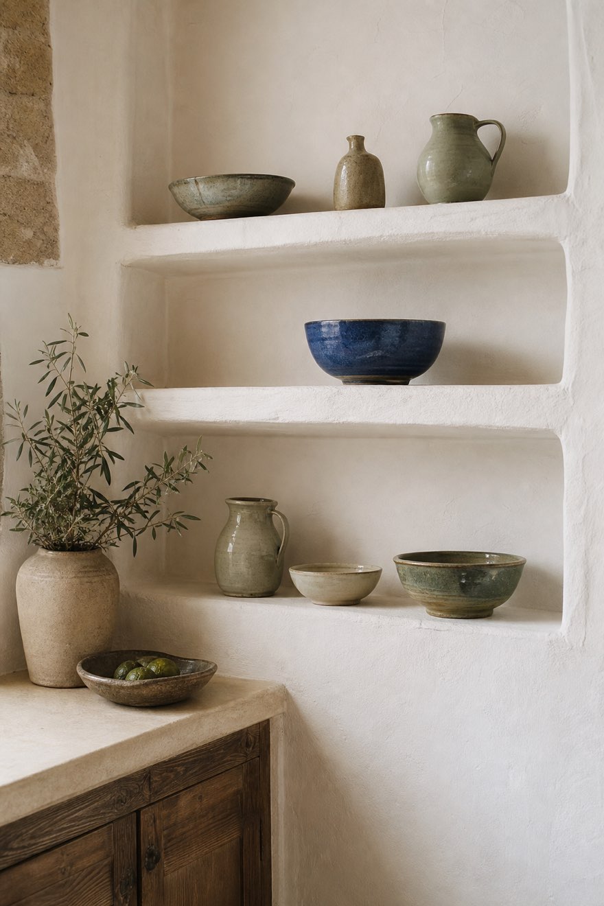 Open plaster shelves with hand-thrown ceramics in sea-glass green and sand, with one deep Aegean blue bowl