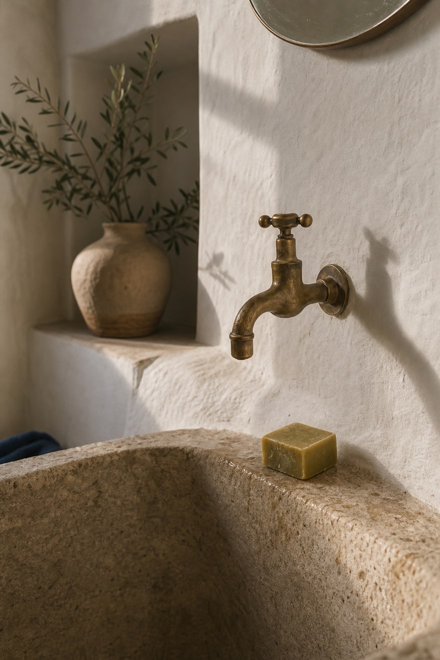 Aged brass tap with soft patina above a carved stone basin against hand-troweled white plaster
